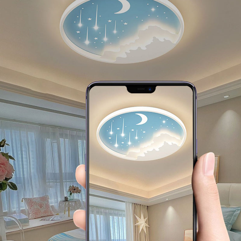 Contemporary Creative Moon Meteor Iron Acrylic Round LED Flush Mount Ceiling Light For Bedroom