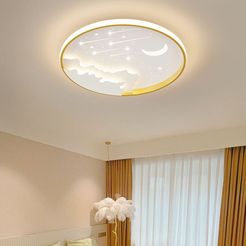 Contemporary Creative Moon Meteor Iron Acrylic Round LED Flush Mount Ceiling Light For Bedroom