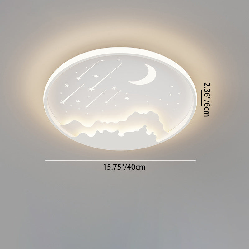 Contemporary Creative Moon Meteor Iron Acrylic Round LED Flush Mount Ceiling Light For Bedroom