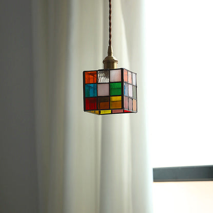 Traditional Tiffany Stained Glass Triangle Rubik's Cube Brass 1-Light Pendant Light For Dining Room