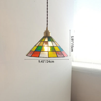 Traditional Tiffany Stained Glass Triangle Rubik's Cube Brass 1-Light Pendant Light For Dining Room
