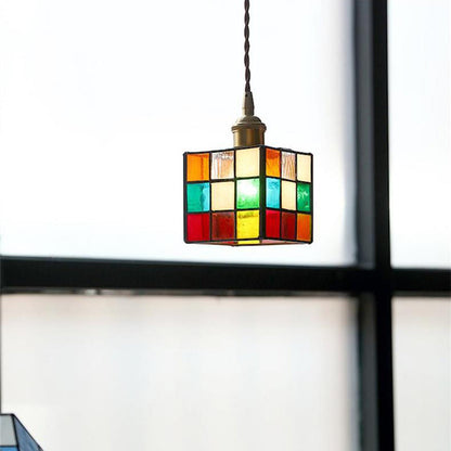 Traditional Tiffany Stained Glass Triangle Rubik's Cube Brass 1-Light Pendant Light For Dining Room
