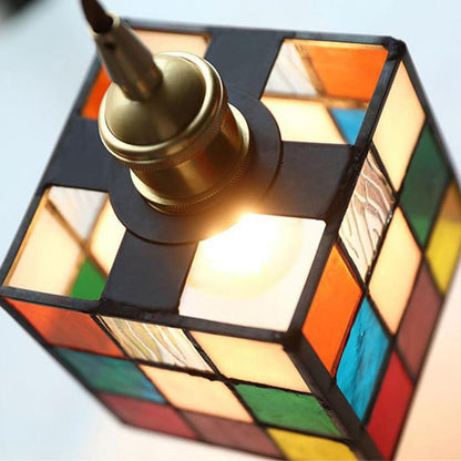 Traditional Tiffany Stained Glass Triangle Rubik's Cube Brass 1-Light Pendant Light For Dining Room