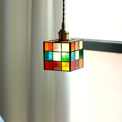 Traditional Tiffany Stained Glass Triangle Rubik's Cube Brass 1-Light Pendant Light For Dining Room