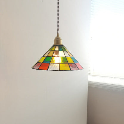 Traditional Tiffany Stained Glass Triangle Rubik's Cube Brass 1-Light Pendant Light For Dining Room