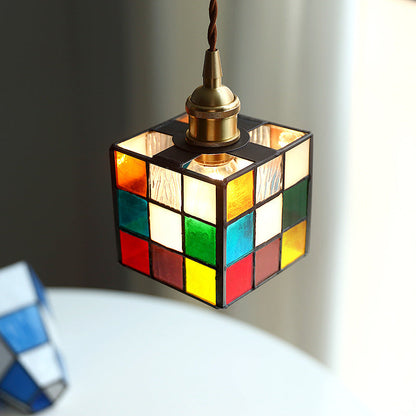 Traditional Tiffany Stained Glass Triangle Rubik's Cube Brass 1-Light Pendant Light For Dining Room
