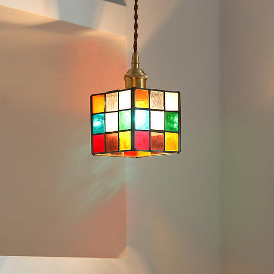 Traditional Tiffany Stained Glass Triangle Rubik's Cube Brass 1-Light Pendant Light For Dining Room