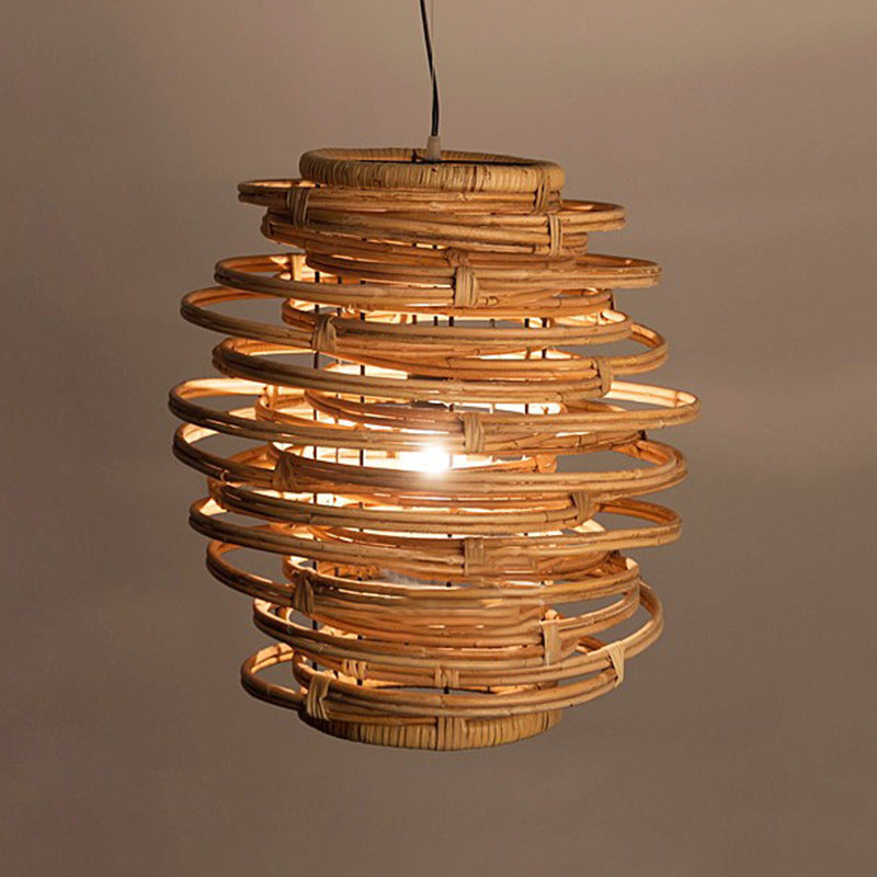 Traditional Rustic Entangled Rattan Weaving Circular Ring 1-Light Pendant Light For Living Room