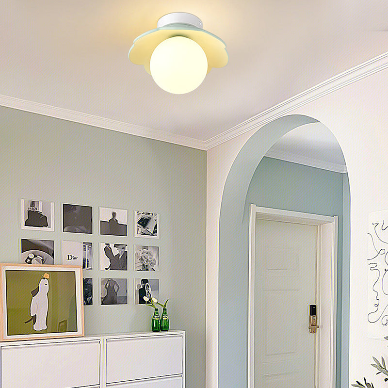 Traditional French Resin Flower PE Ball Shade 1-Light Semi-Flush Mount Ceiling Light For Living Room