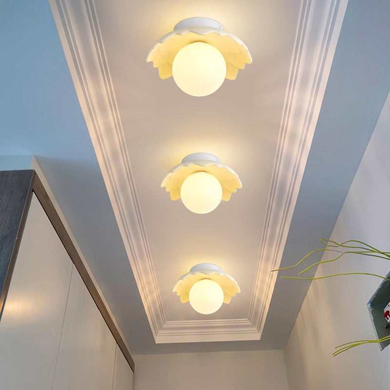 Traditional French Resin Flower PE Ball Shade 1-Light Semi-Flush Mount Ceiling Light For Living Room
