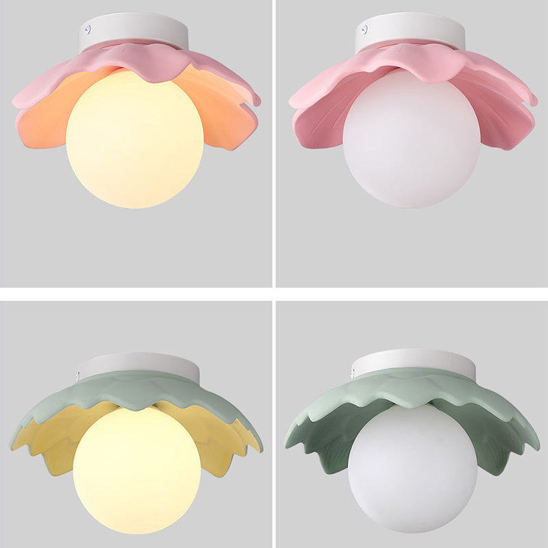 Traditional French Resin Flower PE Ball Shade 1-Light Semi-Flush Mount Ceiling Light For Living Room