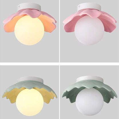 Traditional French Resin Flower PE Ball Shade 1-Light Semi-Flush Mount Ceiling Light For Living Room