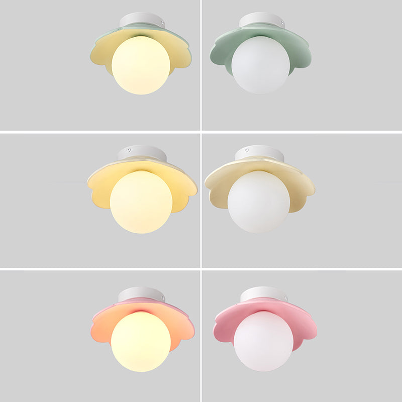 Traditional French Resin Flower PE Ball Shade 1-Light Semi-Flush Mount Ceiling Light For Living Room