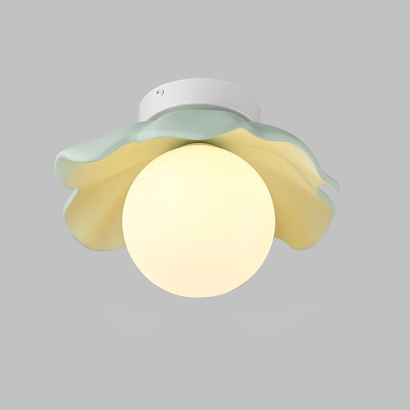 Traditional French Resin Flower PE Ball Shade 1-Light Semi-Flush Mount Ceiling Light For Living Room