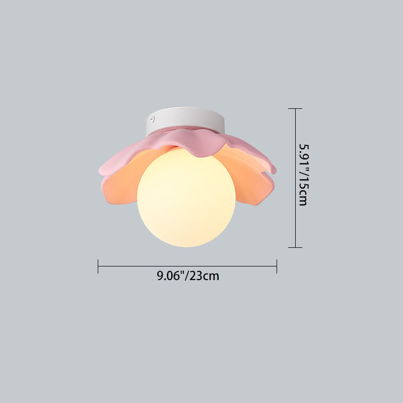 Traditional French Resin Flower PE Ball Shade 1-Light Semi-Flush Mount Ceiling Light For Living Room