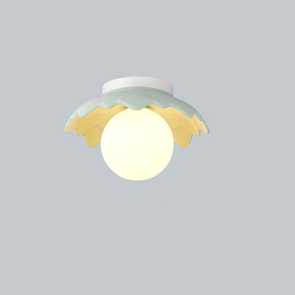 Traditional French Resin Flower PE Ball Shade 1-Light Semi-Flush Mount Ceiling Light For Living Room