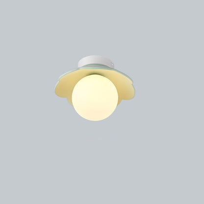 Traditional French Resin Flower PE Ball Shade 1-Light Semi-Flush Mount Ceiling Light For Living Room