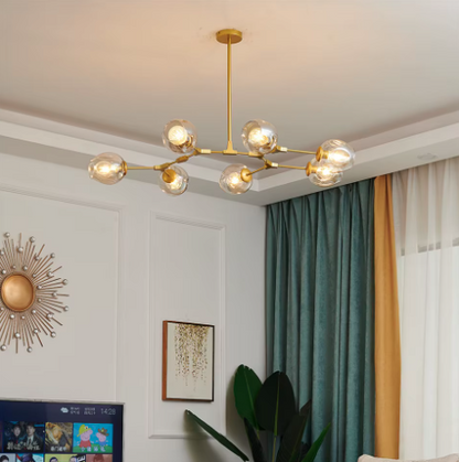 Contemporary Mid-Century Iron Branch Glass Cup Shade 6/7-Light Chandeliers For Living Room