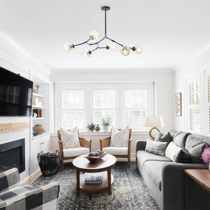 Contemporary Mid-Century Iron Branch Glass Cup Shade 6/7-Light Chandeliers For Living Room