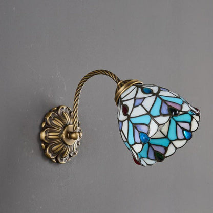 Traditional Tiffany Floral Pattern Stained Glass Round Shade 1-Light Wall Sconce Lamp For Dining Room