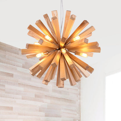 Contemporary Creative Dandelion Solid Wood Strip 10-Light Pendant Light For Living Room