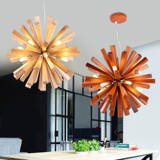 Contemporary Creative Dandelion Solid Wood Strip 10-Light Pendant Light For Living Room