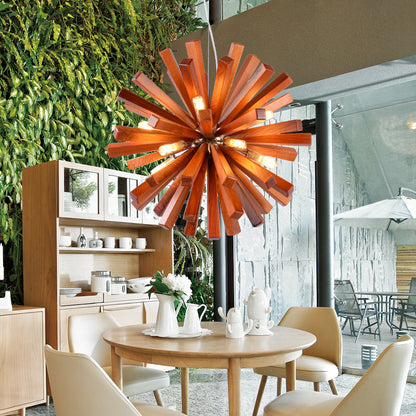 Contemporary Creative Dandelion Solid Wood Strip 10-Light Pendant Light For Living Room