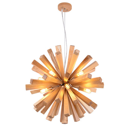 Contemporary Creative Dandelion Solid Wood Strip 10-Light Pendant Light For Living Room