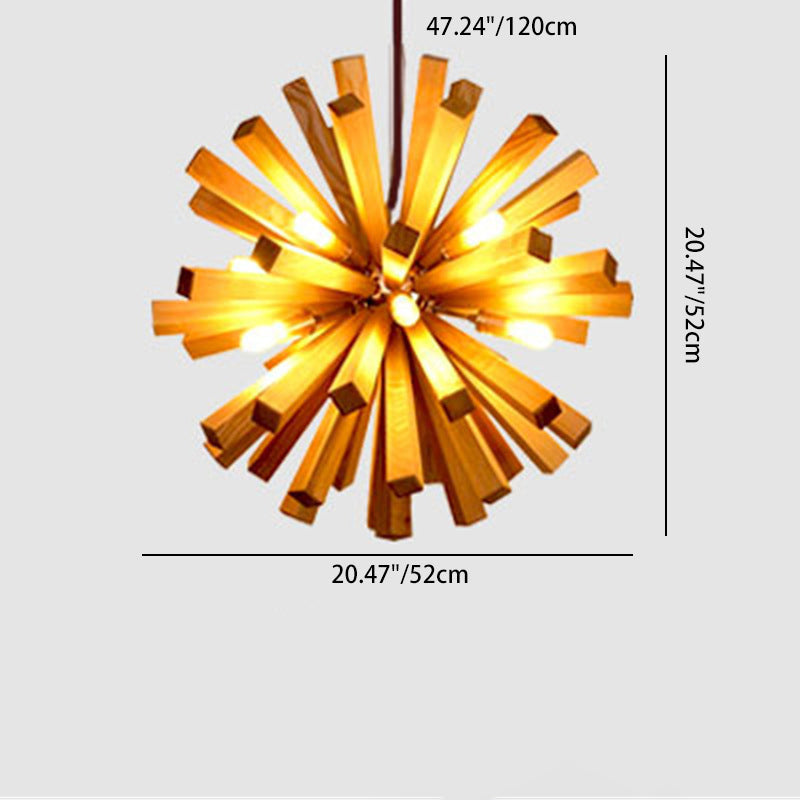 Contemporary Creative Dandelion Solid Wood Strip 10-Light Pendant Light For Living Room