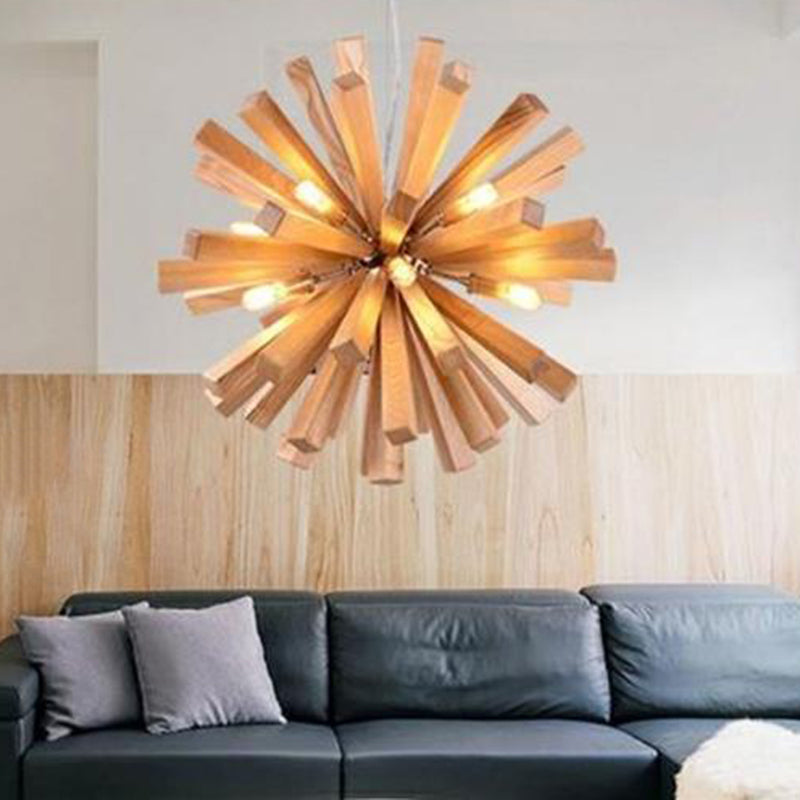 Contemporary Creative Dandelion Solid Wood Strip 10-Light Pendant Light For Living Room