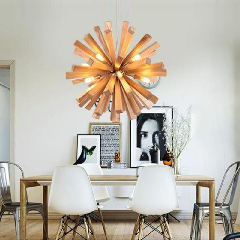 Contemporary Creative Dandelion Solid Wood Strip 10-Light Pendant Light For Living Room