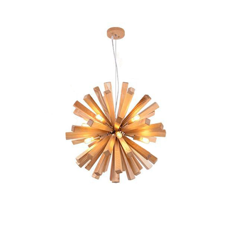 Contemporary Creative Dandelion Solid Wood Strip 10-Light Pendant Light For Living Room