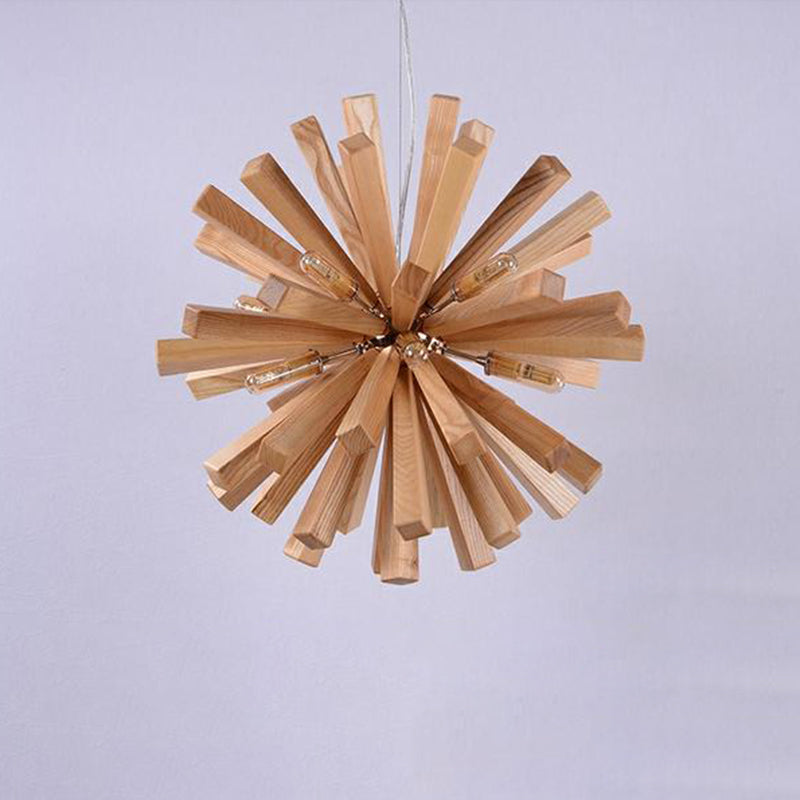 Contemporary Creative Dandelion Solid Wood Strip 10-Light Pendant Light For Living Room