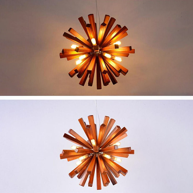 Contemporary Creative Dandelion Solid Wood Strip 10-Light Pendant Light For Living Room