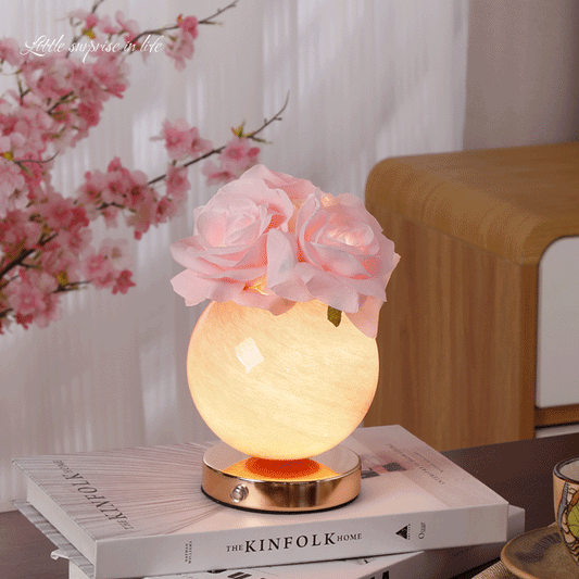 Modern Art Deco Simulated Rose Flower Glass Planet Shade USB Rechargeable LED Table Lamp Night Light For Bedroom