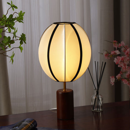 Modern Mid-Century Fabric Lantern Shade Solid Wood 1-Light Table Lamp For Study