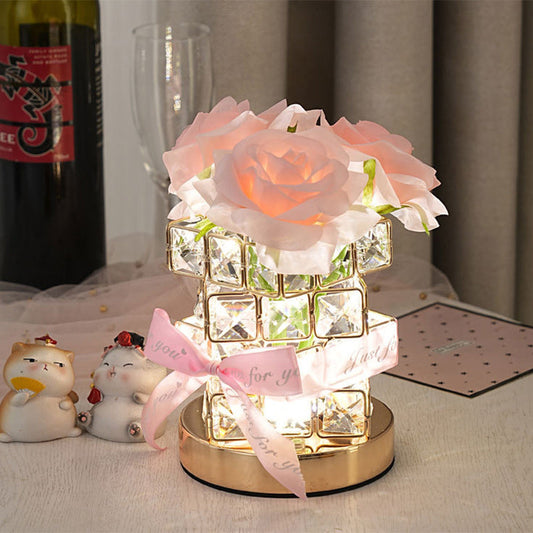 Modern Art Deco Simulated Fabric Rose Flower Crystal Square Hardware USB Rechargeable LED Table Lamp Night Light For Bedroom