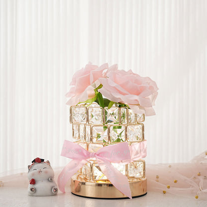 Modern Art Deco Simulated Fabric Rose Flower Crystal Square Hardware USB Rechargeable LED Table Lamp Night Light For Bedroom