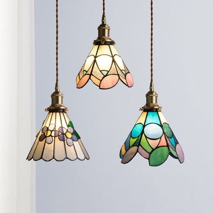 Traditional Tiffany Floral Pattern Stained Glass Conical Shade Brass 1-Light Pendant Light For Living Room