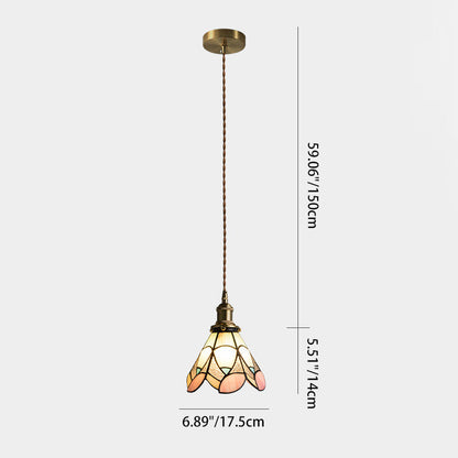 Traditional Tiffany Floral Pattern Stained Glass Conical Shade Brass 1-Light Pendant Light For Living Room