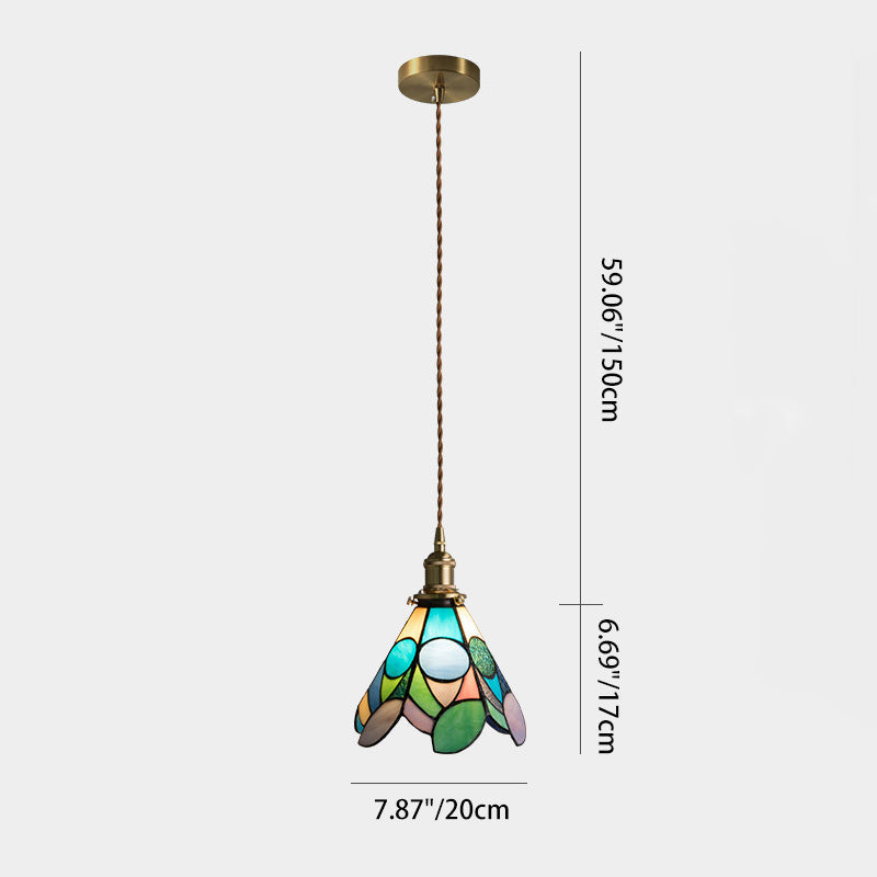 Traditional Tiffany Floral Pattern Stained Glass Conical Shade Brass 1-Light Pendant Light For Living Room