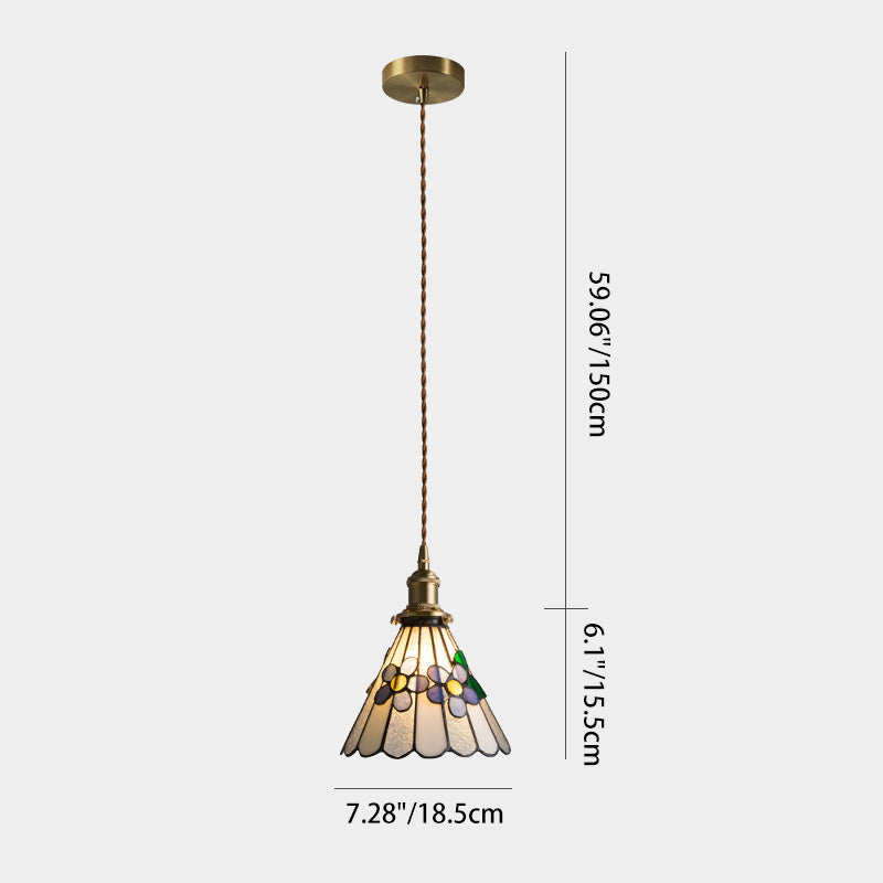 Traditional Tiffany Floral Pattern Stained Glass Conical Shade Brass 1-Light Pendant Light For Living Room