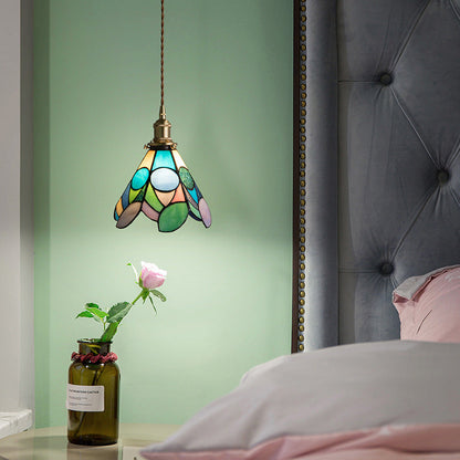 Traditional Tiffany Floral Pattern Stained Glass Conical Shade Brass 1-Light Pendant Light For Living Room