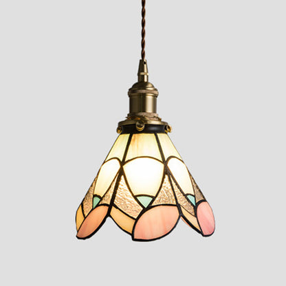 Traditional Tiffany Floral Pattern Stained Glass Conical Shade Brass 1-Light Pendant Light For Living Room