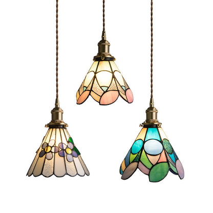 Traditional Tiffany Floral Pattern Stained Glass Conical Shade Brass 1-Light Pendant Light For Living Room