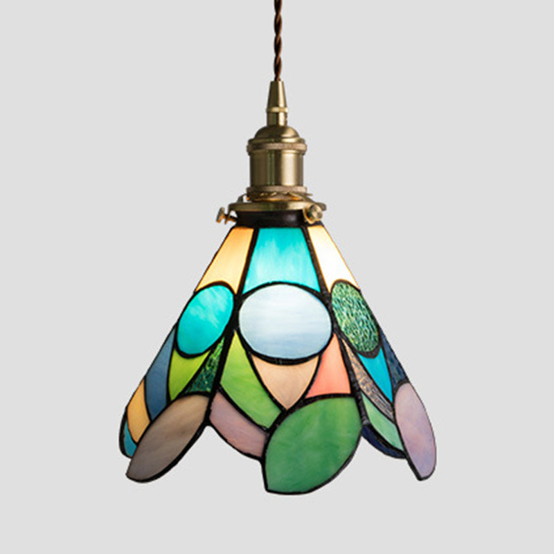 Traditional Tiffany Floral Pattern Stained Glass Conical Shade Brass 1-Light Pendant Light For Living Room
