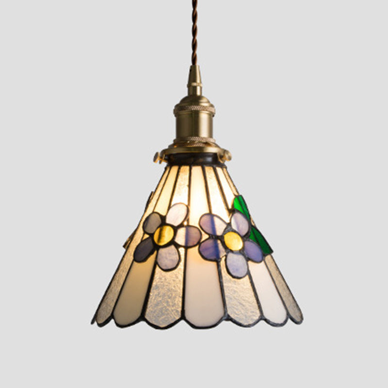 Traditional Tiffany Floral Pattern Stained Glass Conical Shade Brass 1-Light Pendant Light For Living Room