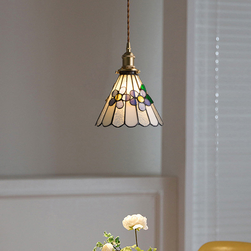 Traditional Tiffany Floral Pattern Stained Glass Conical Shade Brass 1-Light Pendant Light For Living Room