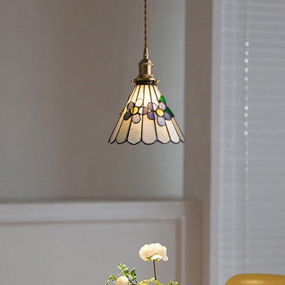 Traditional Tiffany Floral Pattern Stained Glass Conical Shade Brass 1-Light Pendant Light For Living Room