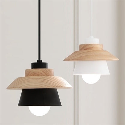 Contemporary Scandinavian Geometric Cylinder Iron Shade Wood Grain 1-Light Pendant Light For Living Room